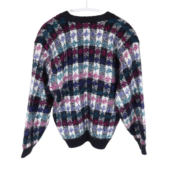 Vintage 80s Fuzzy Mohair Wool Hand Loomed Check Dolman Cardigan Sweater Size L - Picture 2 of 6